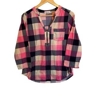 Blue Mood Plaid 1/4 Zip Pullover‎ Shirt Womens M Pink Navy Gray Roll Tab Sleeve